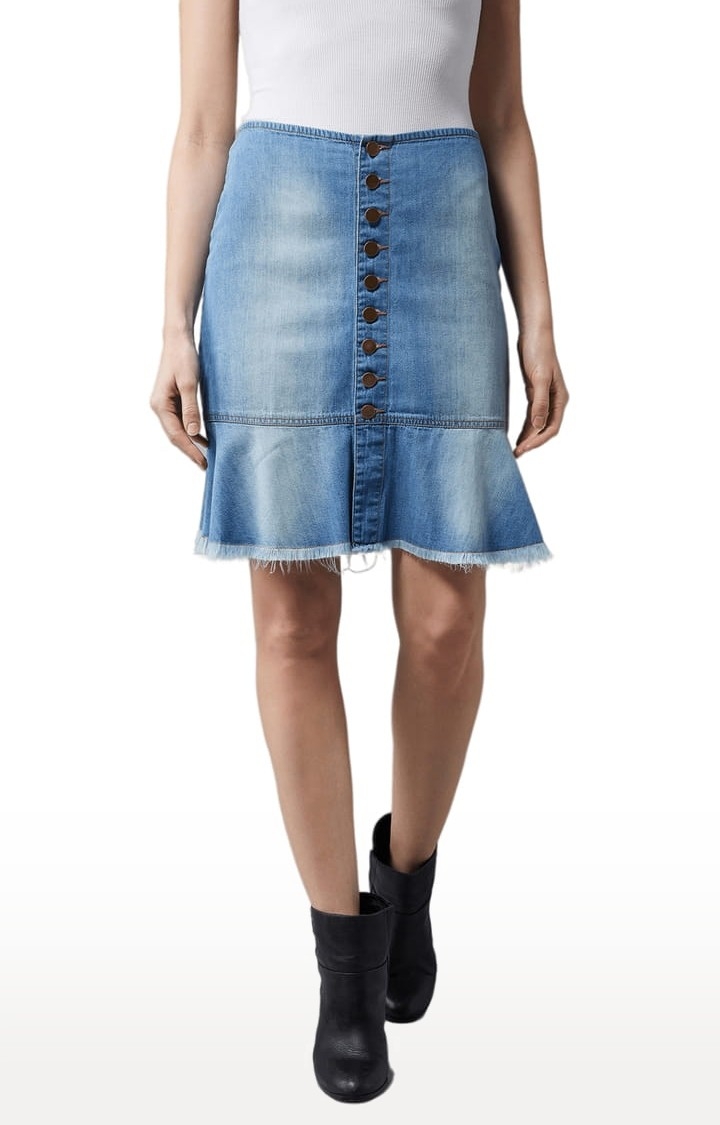 Women's Blue Cotton Solid Skirt