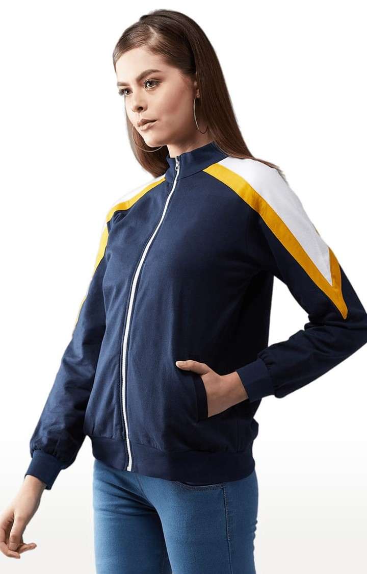 Women's Multicoloured Base Navy Blue Cotton Solid Varsity Jacket