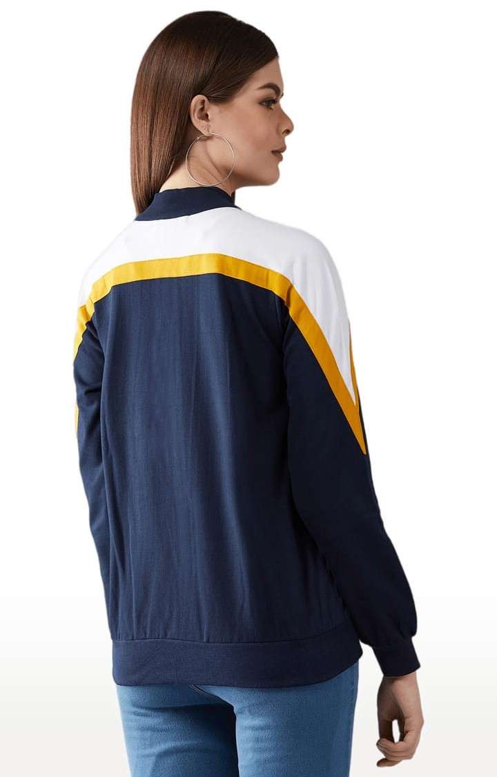 Women's Multicoloured Base Navy Blue Cotton Solid Varsity Jacket