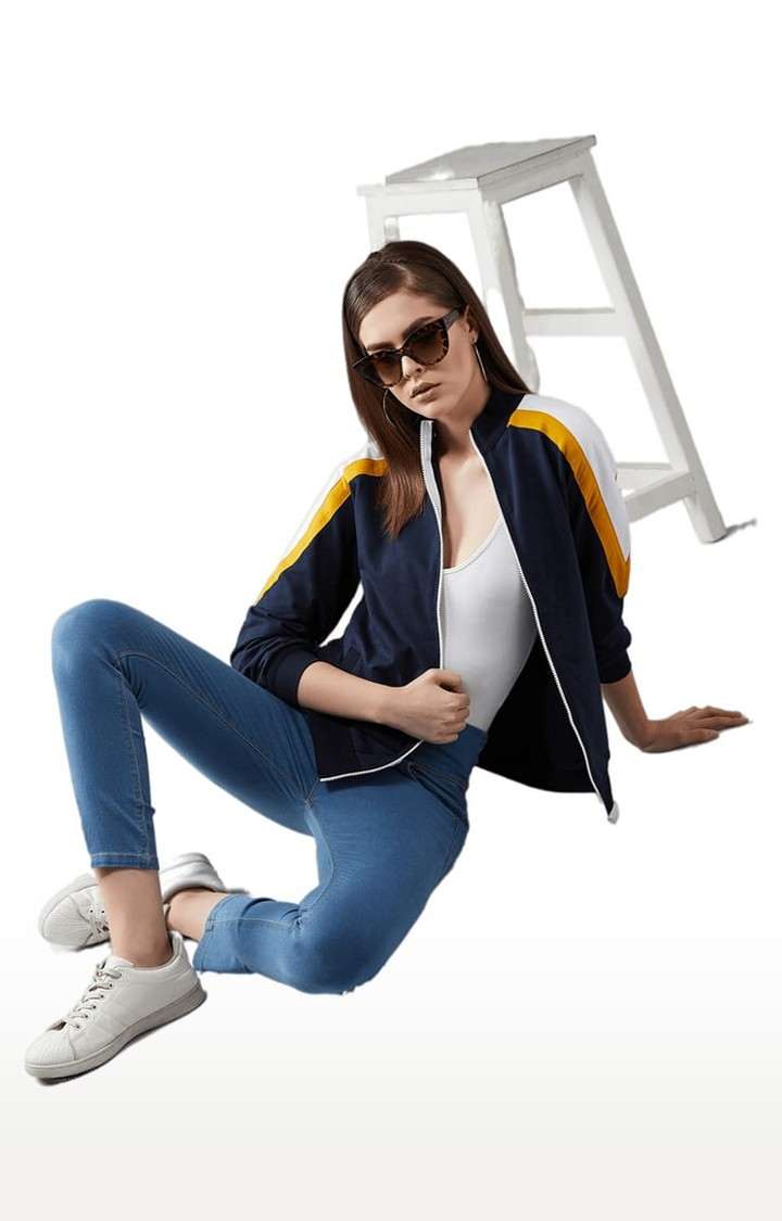 Women's Multicoloured Base Navy Blue Cotton Solid Varsity Jacket