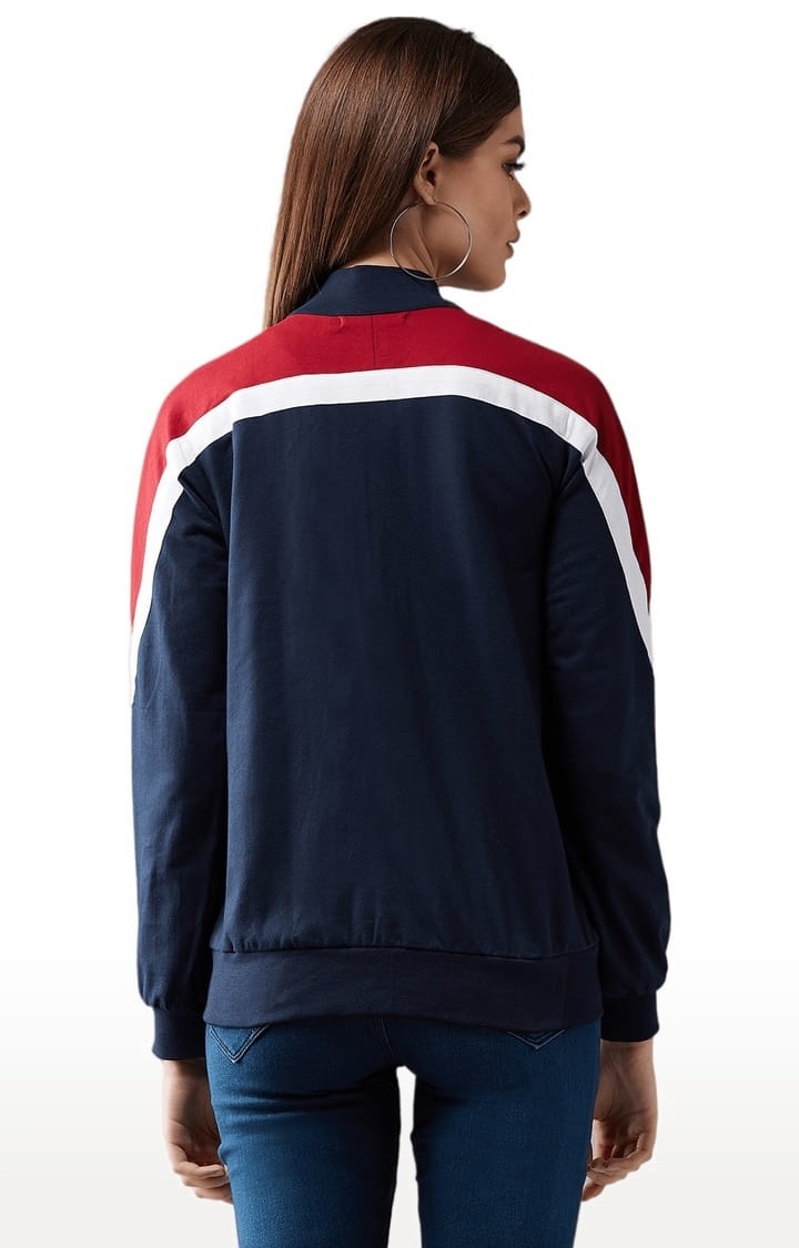Women's Multicoloured Base Navy Blue Cotton Solid Varsity Jacket