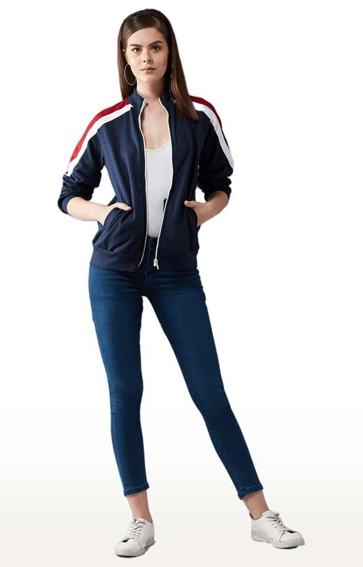 Women's Multicoloured Base Navy Blue Cotton Solid Varsity Jacket