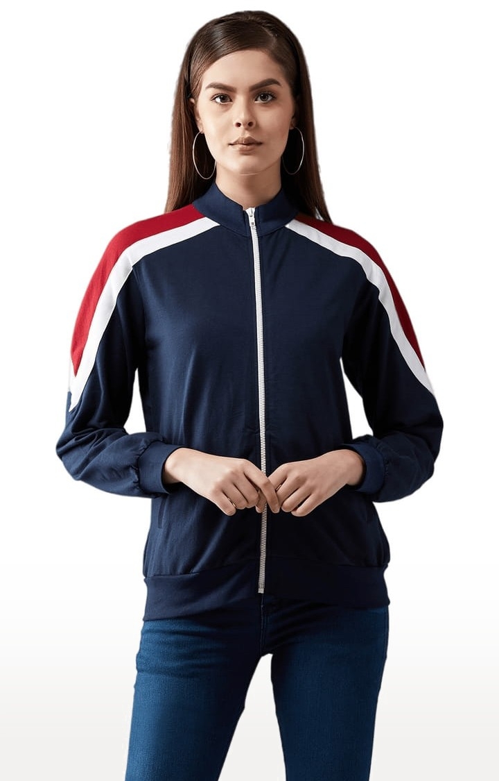 Dolce Crudo | Women's Multicoloured Base Navy Blue Cotton Solid Varsity Jacket