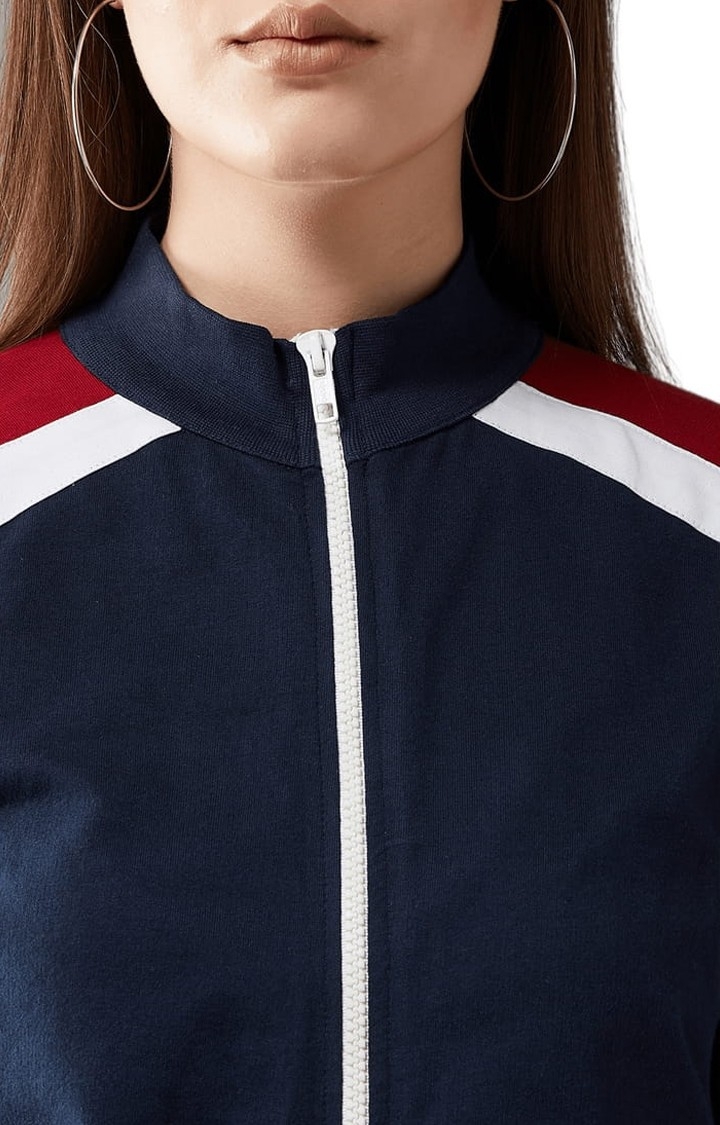 Women's Multicoloured Base Navy Blue Cotton Solid Varsity Jacket
