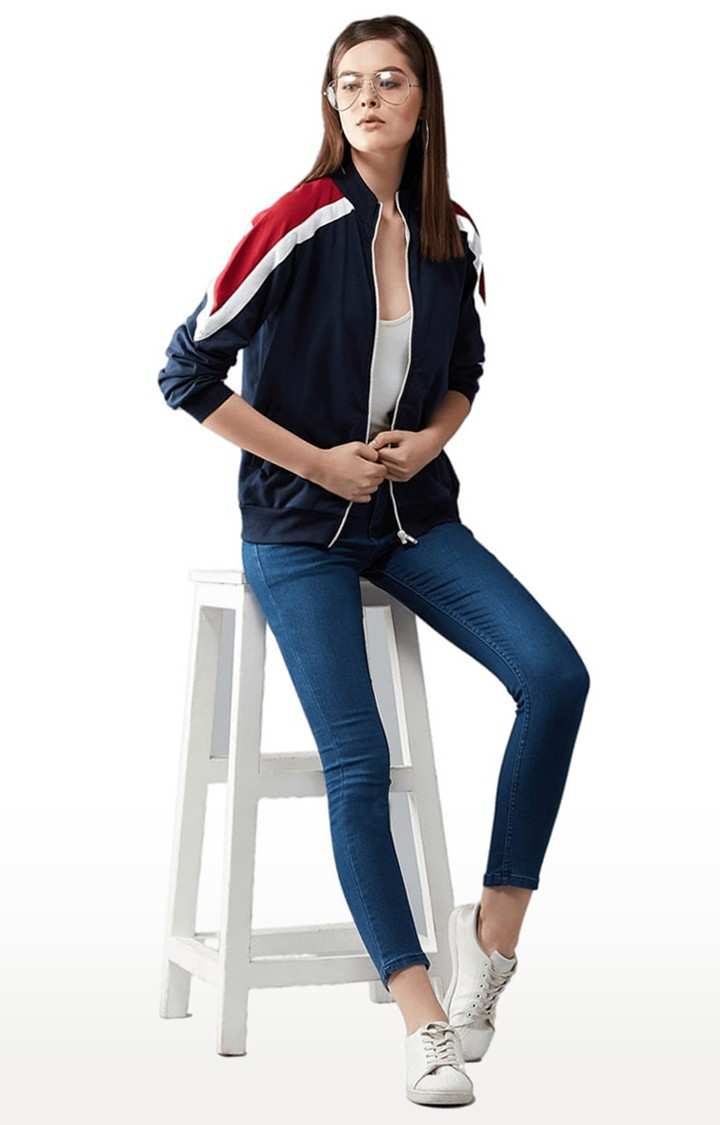 Women's Multicoloured Base Navy Blue Cotton Solid Varsity Jacket