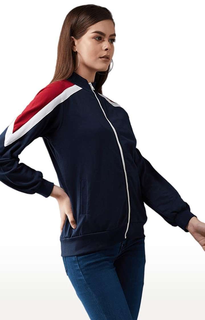 Women's Multicoloured Base Navy Blue Cotton Solid Varsity Jacket