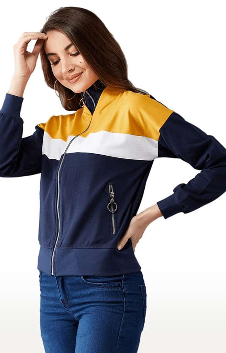 Women's Multicoloured Base Navy Blue Cotton Colourblock Varsity Jacket