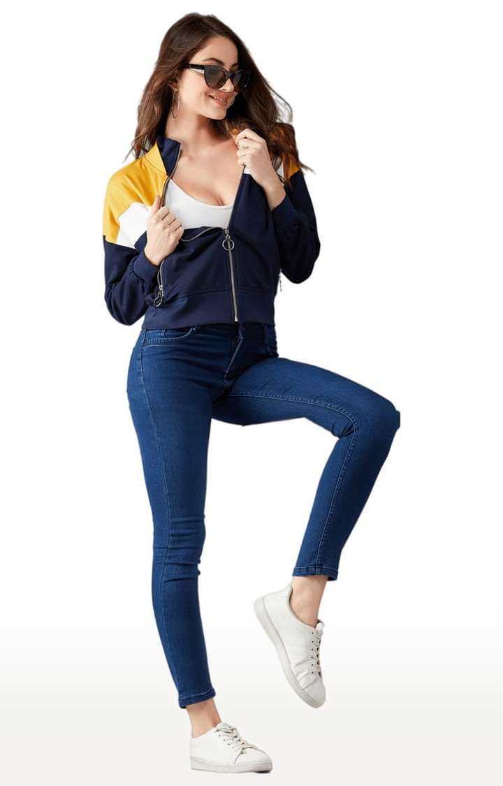 Women's Multicoloured Base Navy Blue Cotton Colourblock Varsity Jacket