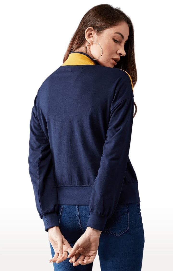 Women's Multicoloured Base Navy Blue Cotton Colourblock Varsity Jacket