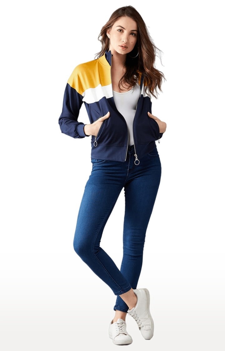Women's Multicoloured Base Navy Blue Cotton Colourblock Varsity Jacket