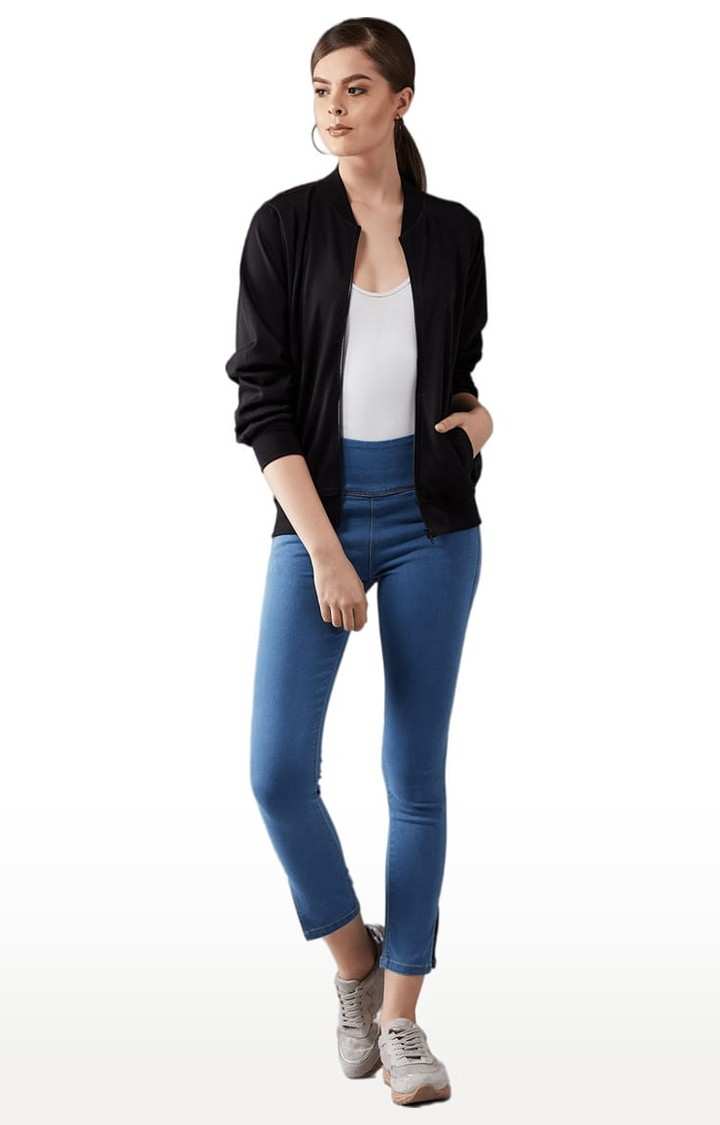 Women's Black Cotton Solid Activewear Jacket