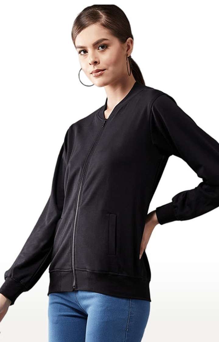 Women's Black Cotton Solid Activewear Jacket