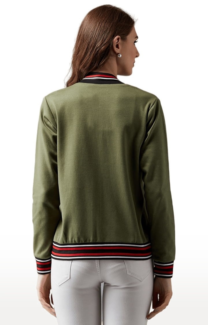 Women's Olive Green Cotton Solid Varsity Jacket