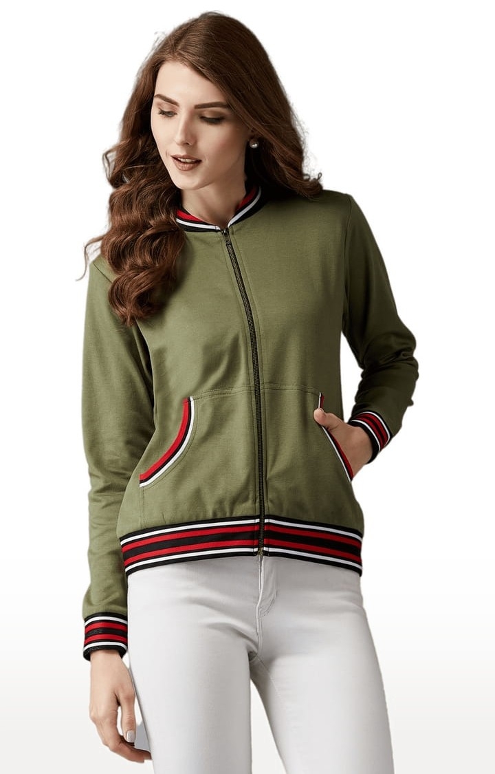 Women's Olive Green Cotton Solid Varsity Jacket