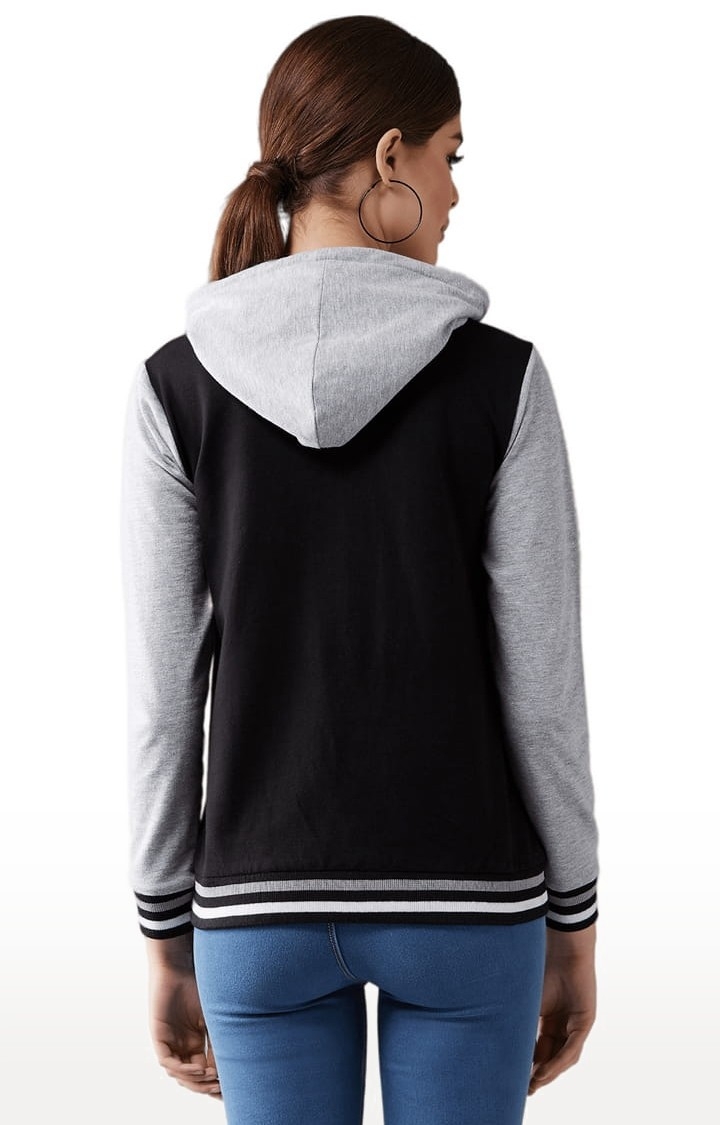 Women's Multicolor-Base Black Cotton Solid Varsity Jacket