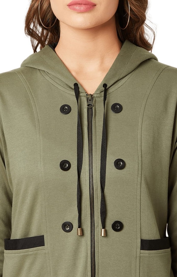 Women's Olive Green Cotton Solid Hoodie