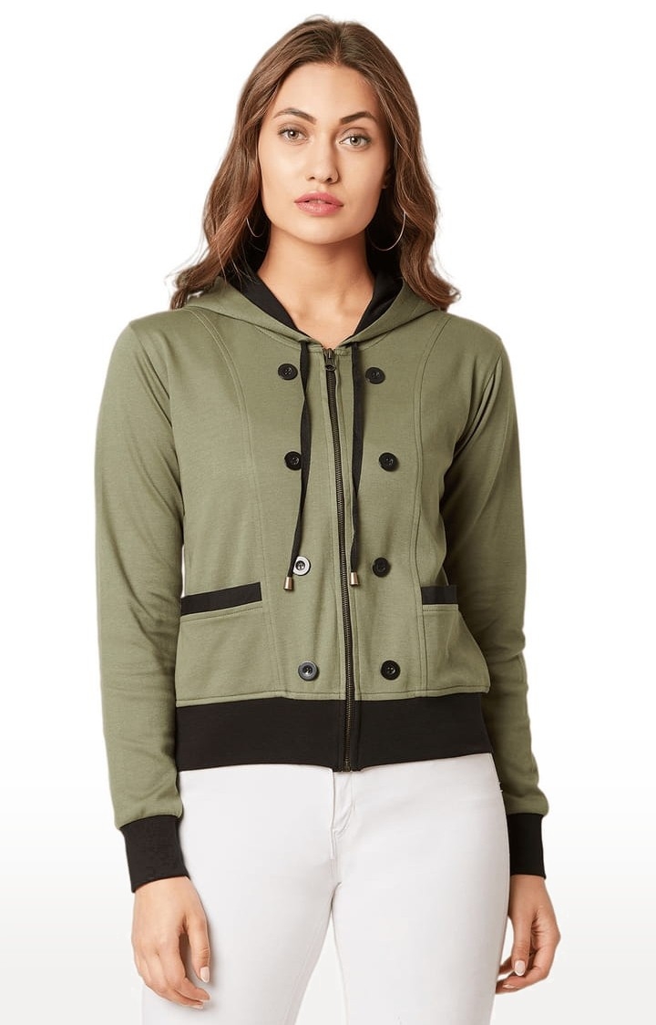 Dolce Crudo | Women's Olive Green Cotton Solid Hoodie