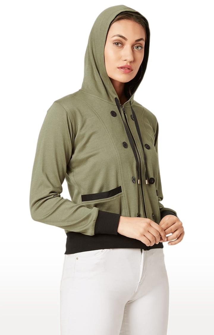 Women's Olive Green Cotton Solid Hoodie