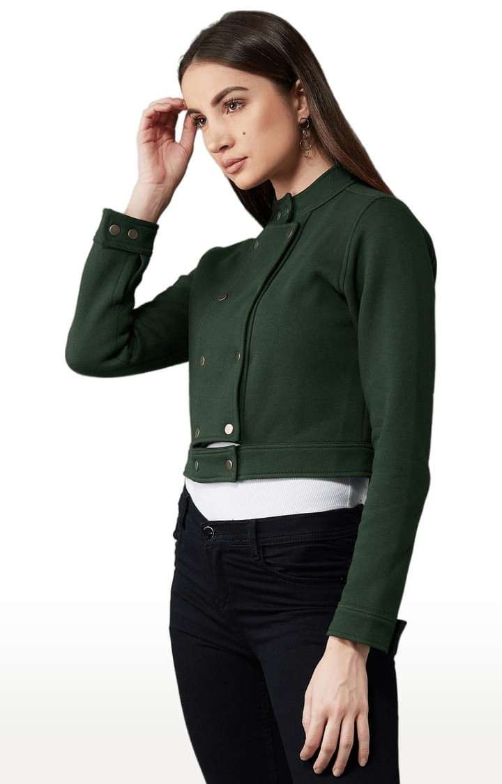 Women's Green Cotton Solid Western Jacket