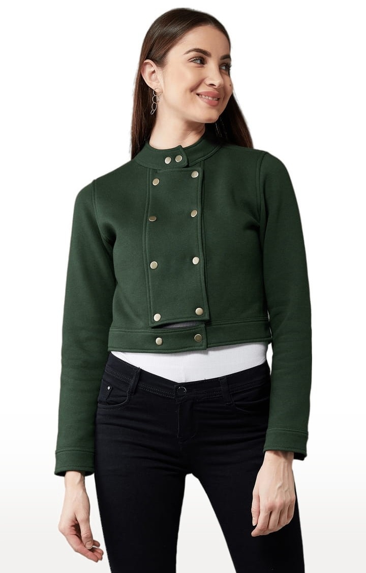 Women's Green Cotton Solid Western Jacket