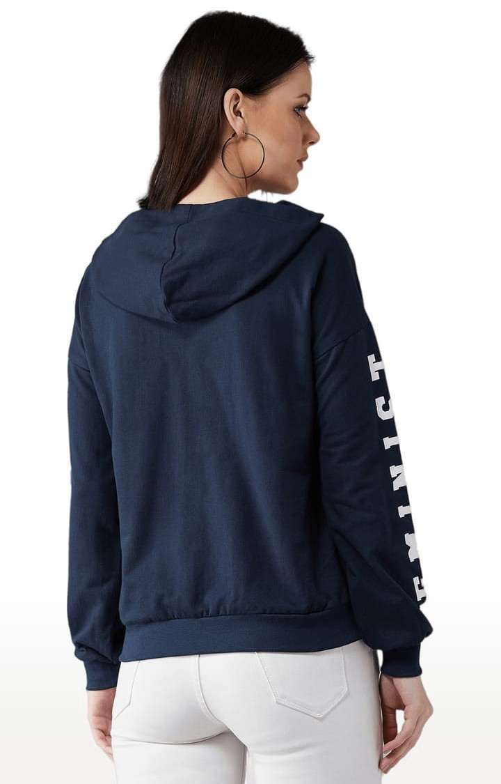 Women's Navy Blue Cotton Solid Sweatshirt