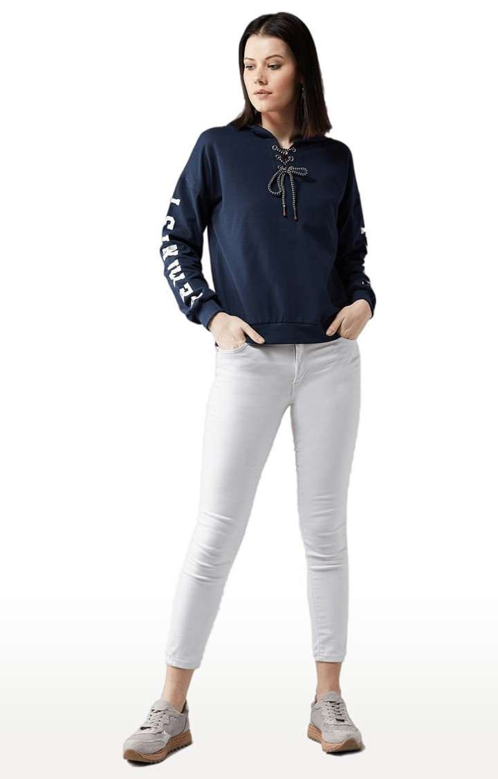 Women's Navy Blue Cotton Solid Sweatshirt