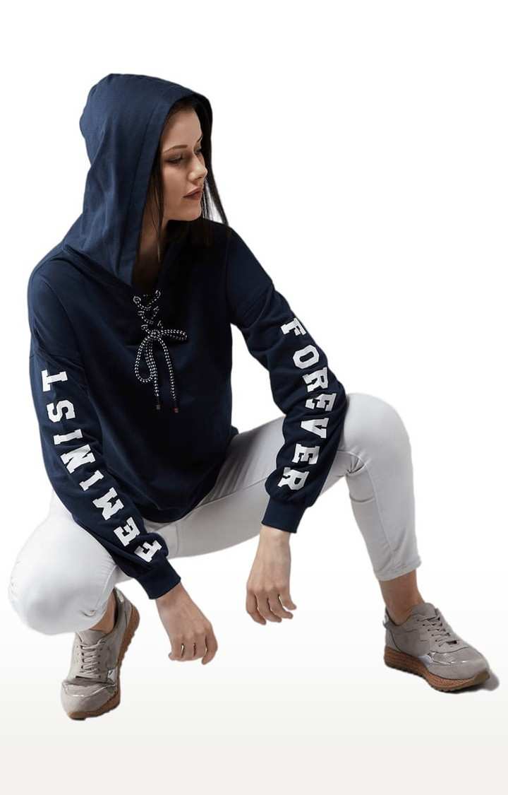 Women's Navy Blue Cotton Solid Sweatshirt