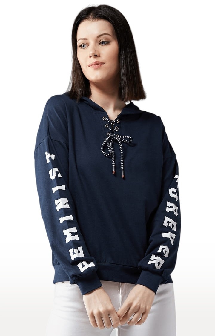 Dolce Crudo | Women's Navy Blue Cotton Solid Sweatshirt