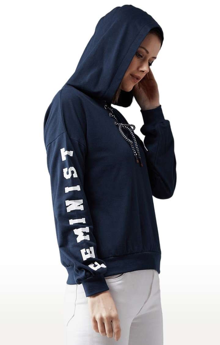 Women's Navy Blue Cotton Solid Sweatshirt