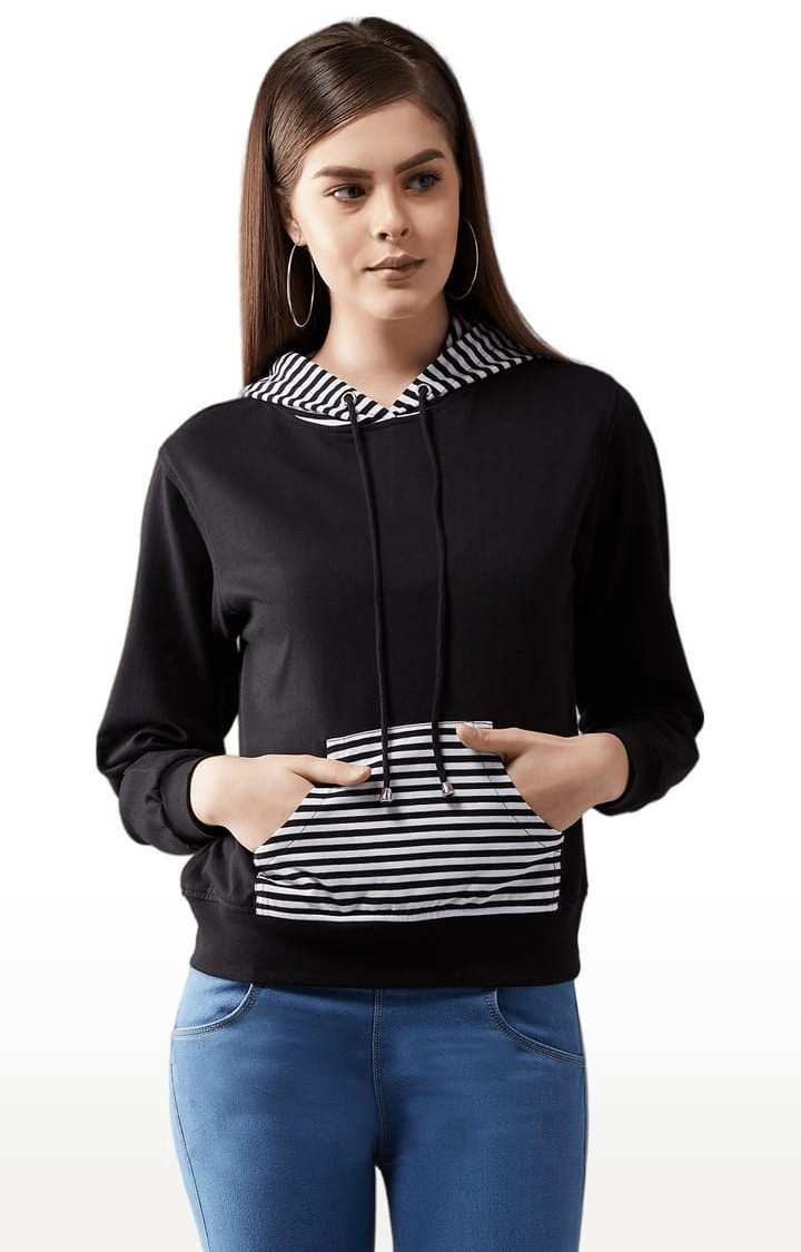 Dolce Crudo | Women's Multicoloured Base Black Cotton Striped Sweatshirt