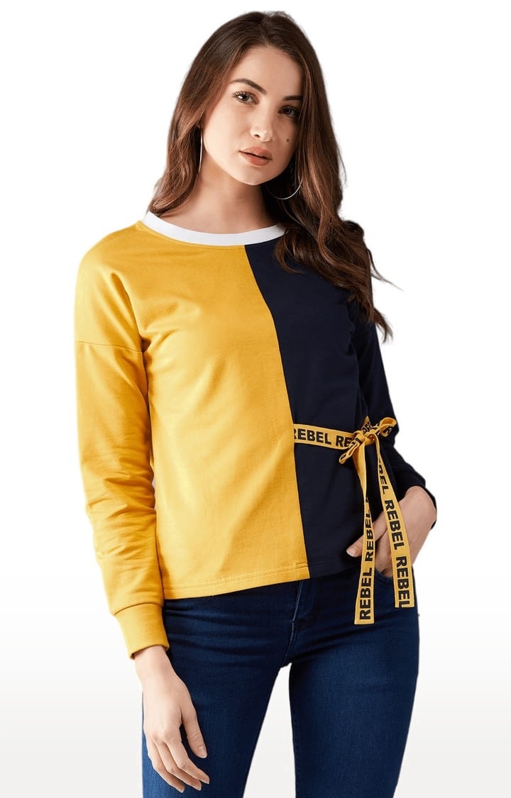 Dolce Crudo | Women's Mustard & Navy Blue Cotton Colourblock Sweatshirt
