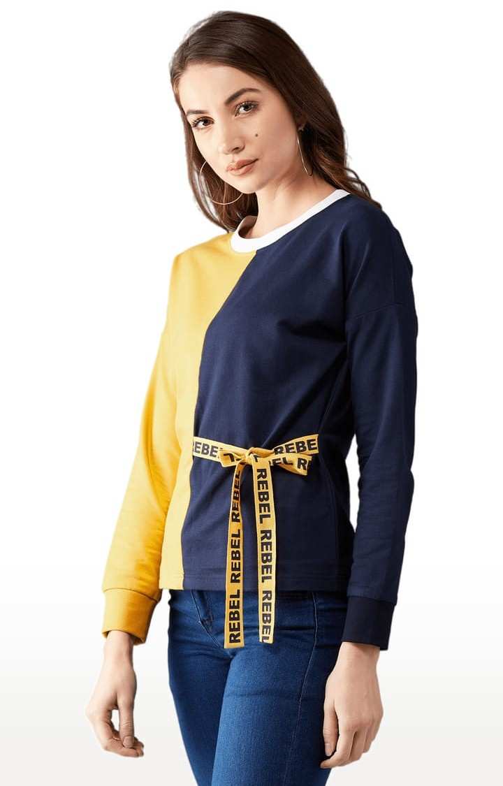 Women's Mustard & Navy Blue Cotton Colourblock Sweatshirt