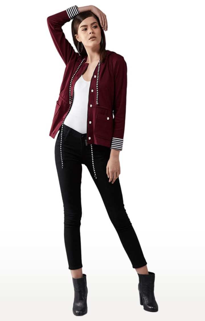 Women's Multicolor-Base Maroon Cotton Solid Hoodie