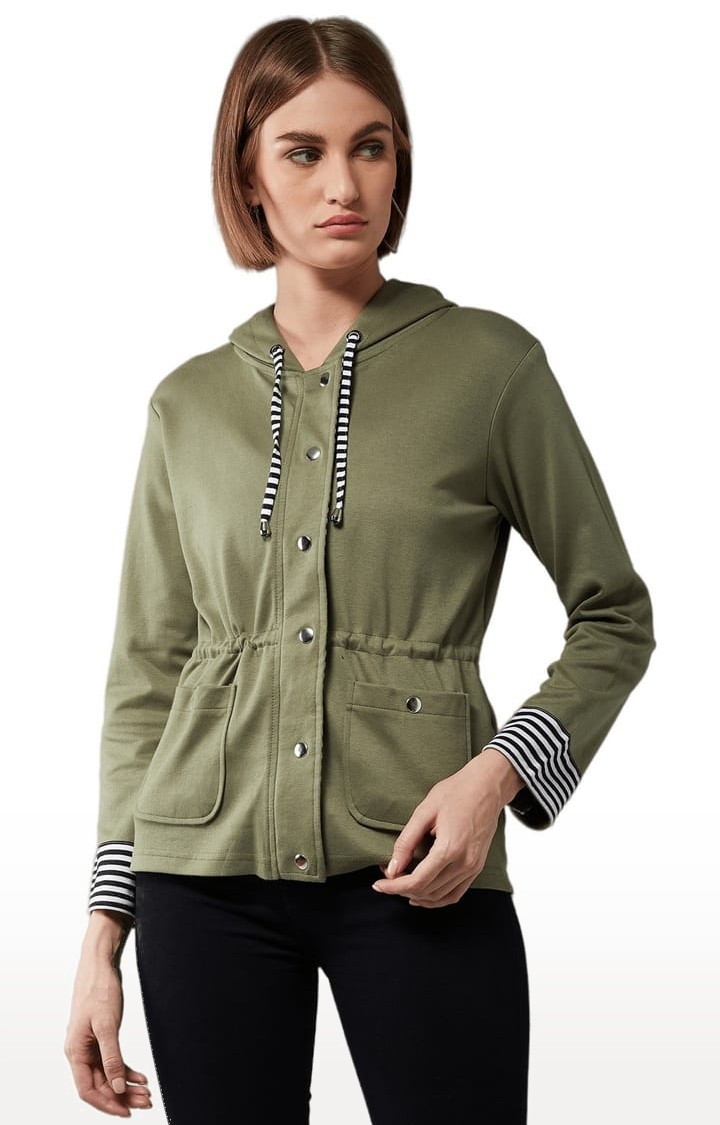 Dolce Crudo | Women's Multicolor-Base Olive Green Cotton Solid Hoodie
