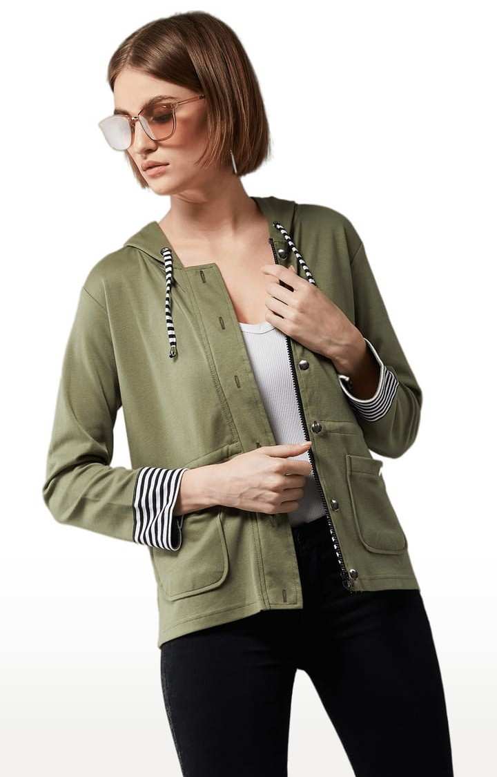 Women's Multicolor-Base Olive Green Cotton Solid Hoodie