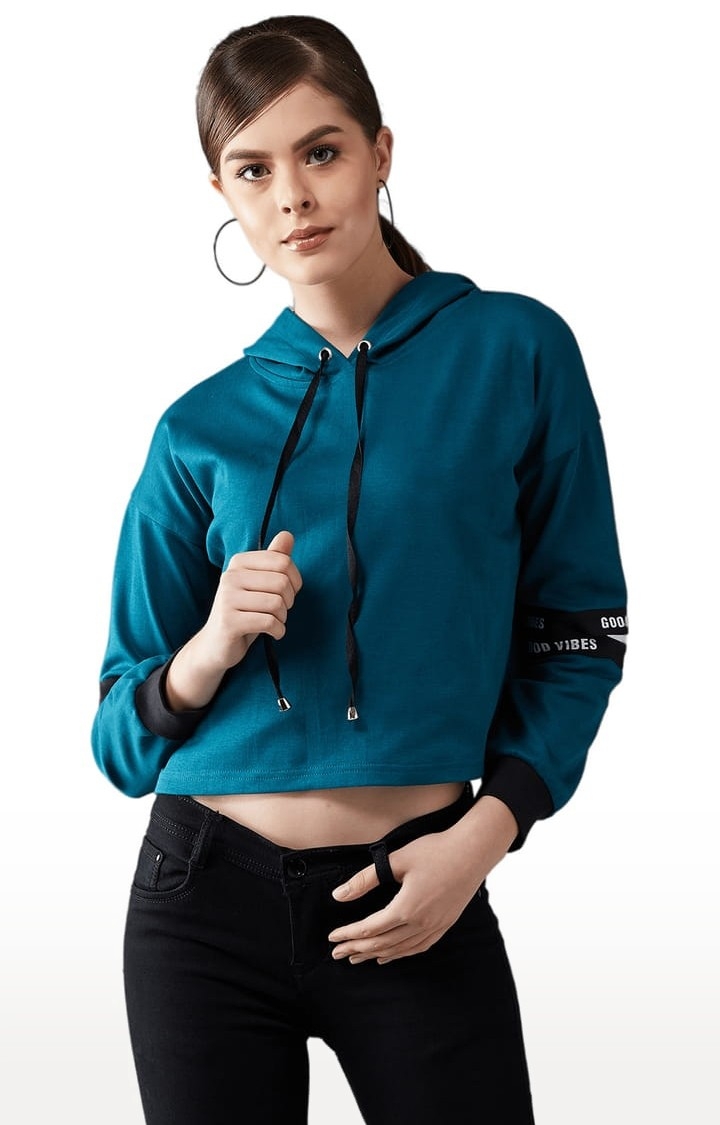 Women's Turquoise Cotton Solid Sweatshirt