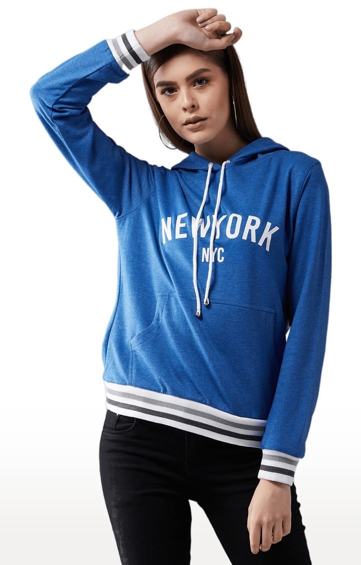 Women's Azure Blue Cotton Typographic Sweatshirt