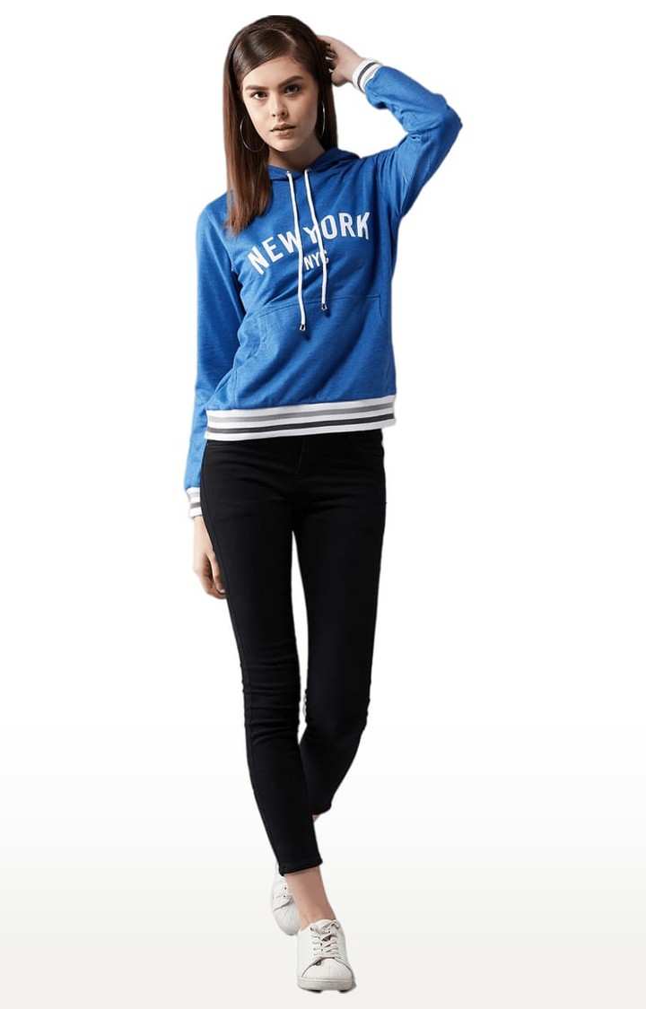 Women's Azure Blue Cotton Typographic Sweatshirt