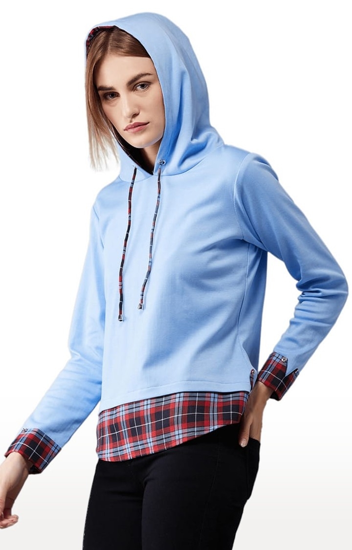 Dolce Crudo | Women's Multicolor-Base Blue Cotton Checked Sweatshirt