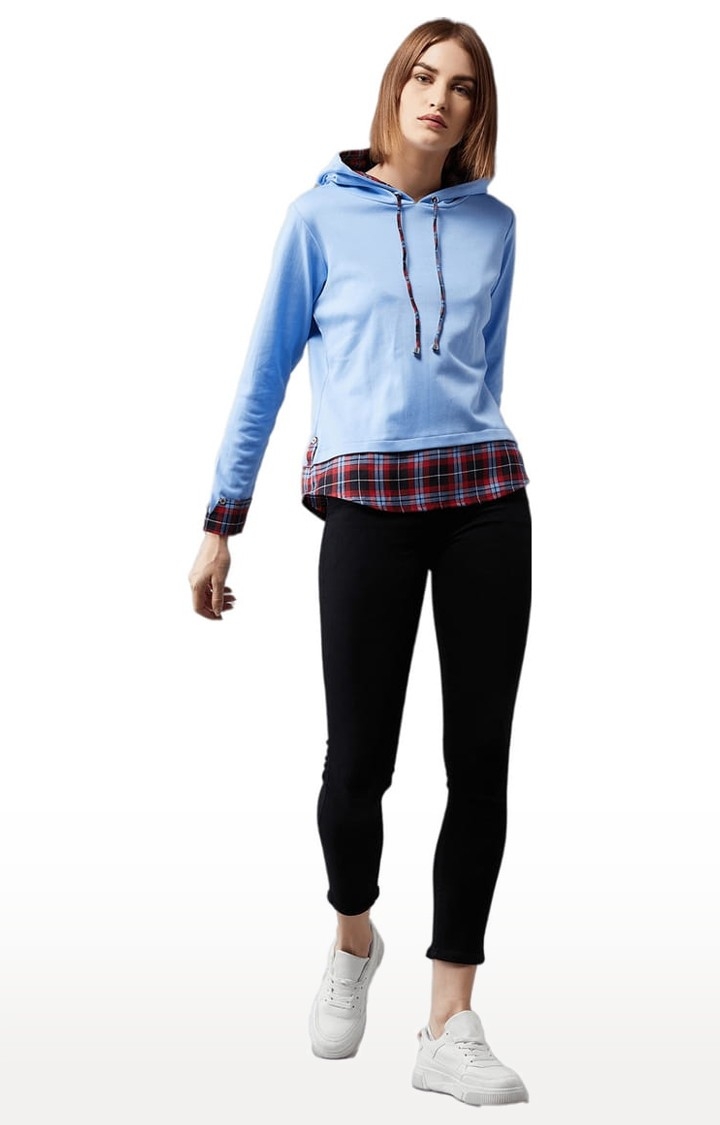 Women's Multicolor-Base Blue Cotton Checked Sweatshirt