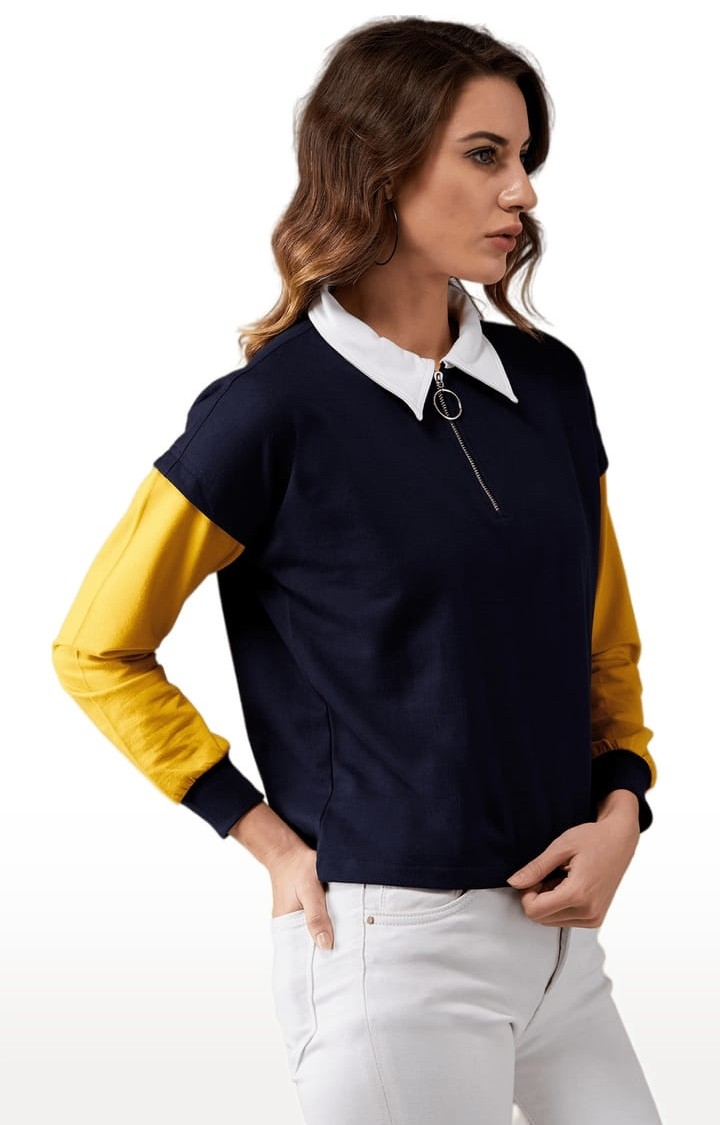 Women's Multicolor-Base Navy Blue Cotton Solid Sweatshirt