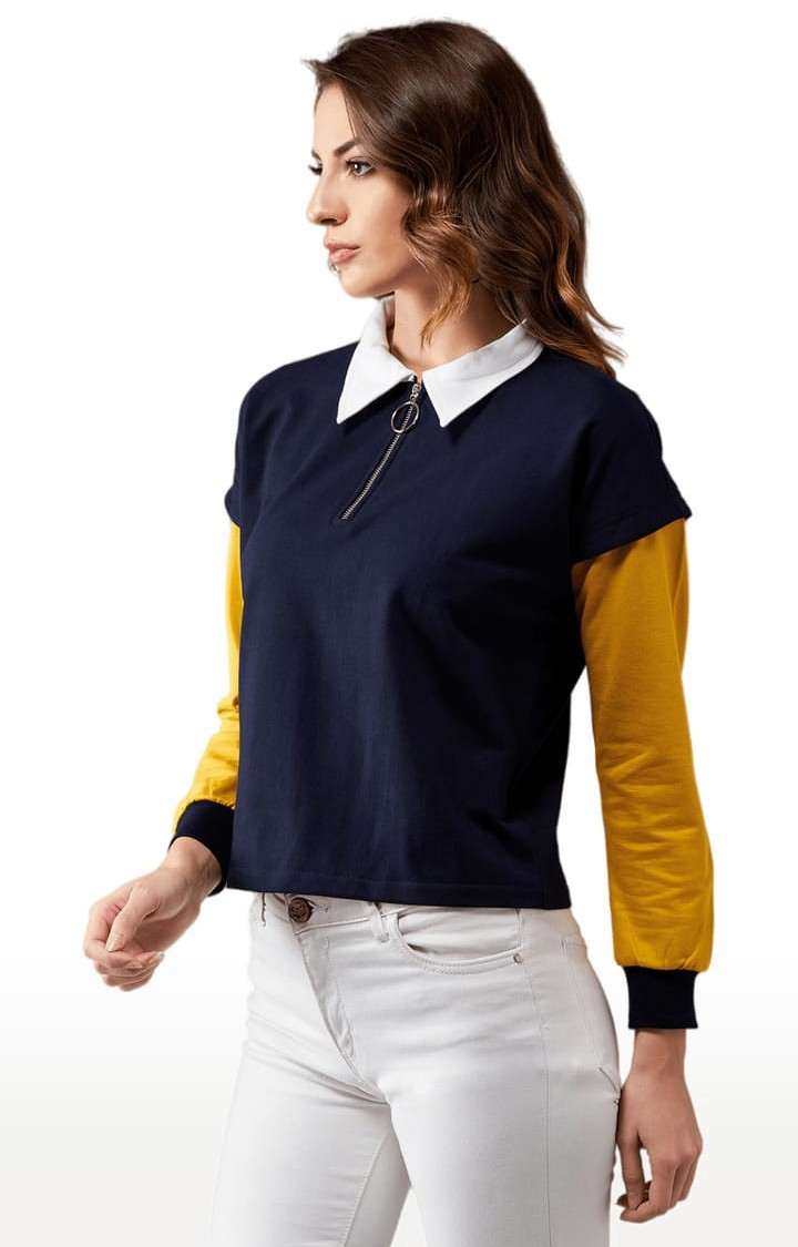 Women's Multicolor-Base Navy Blue Cotton Solid Sweatshirt