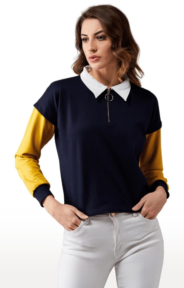 Dolce Crudo | Women's Multicolor-Base Navy Blue Cotton Solid Sweatshirt