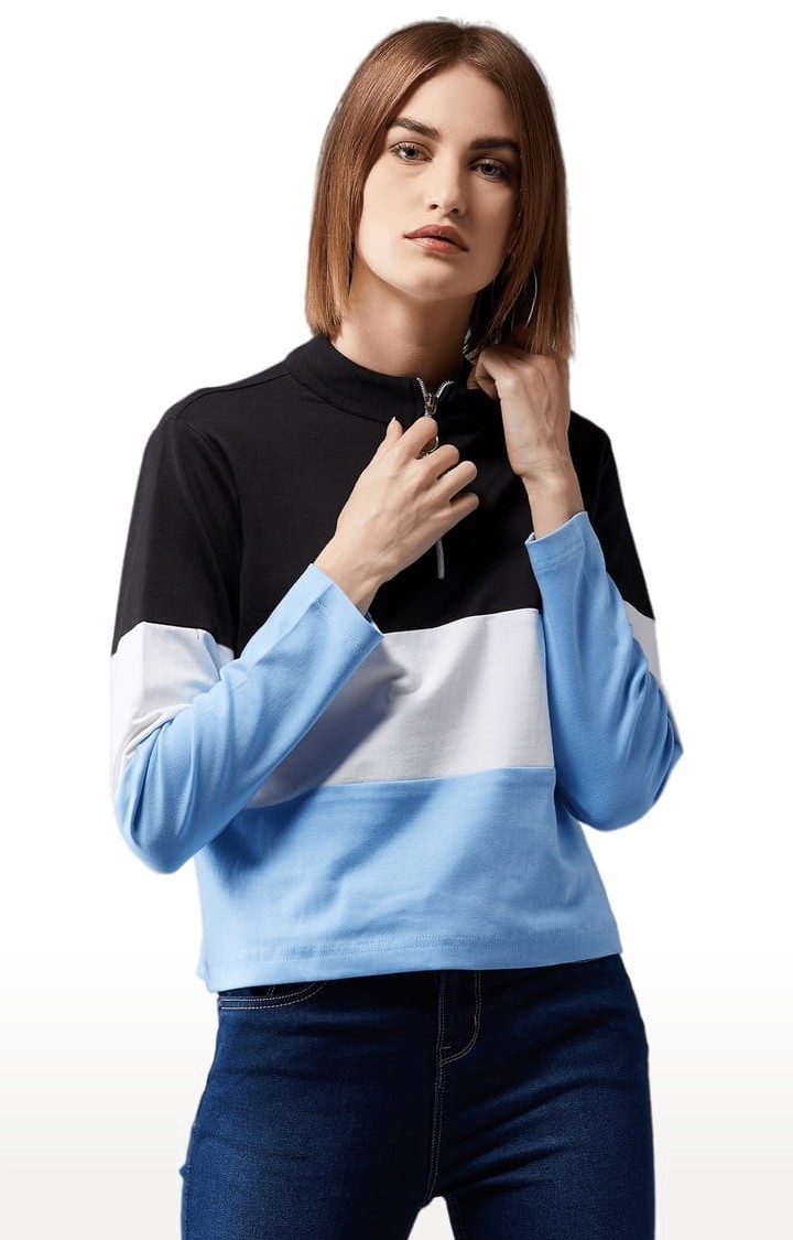 Dolce Crudo | Women's Multicolor-Base Blue Cotton Colourblock Sweatshirt