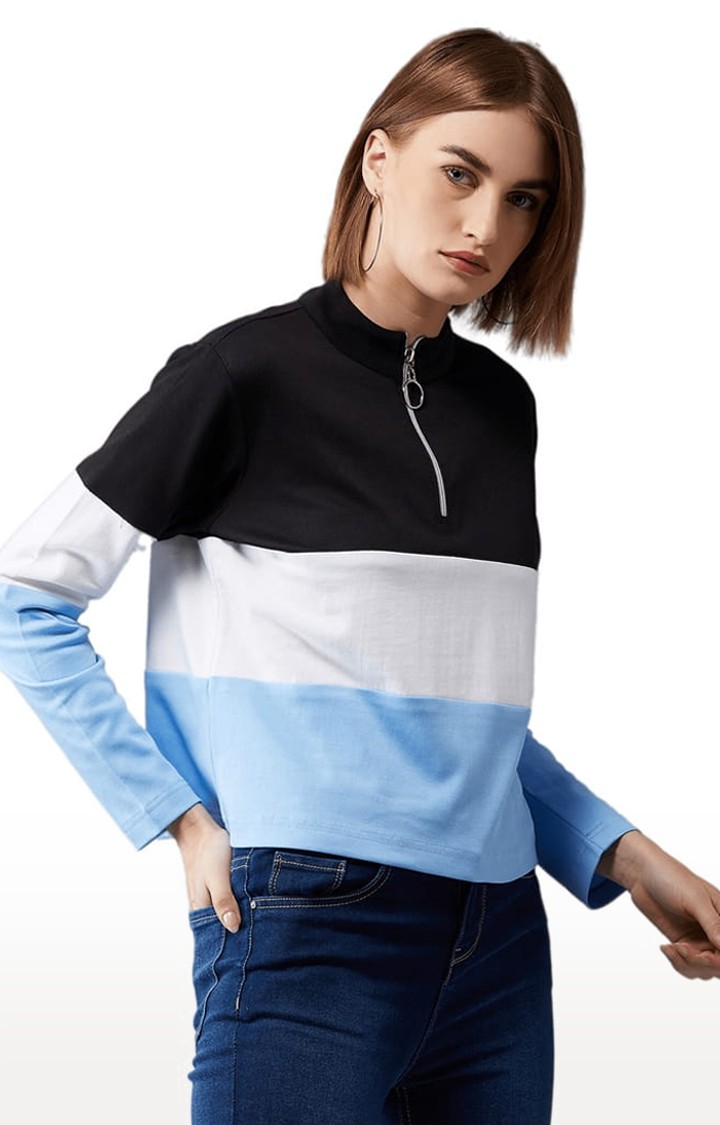 Women's Multicolor-Base Blue Cotton Colourblock Sweatshirt