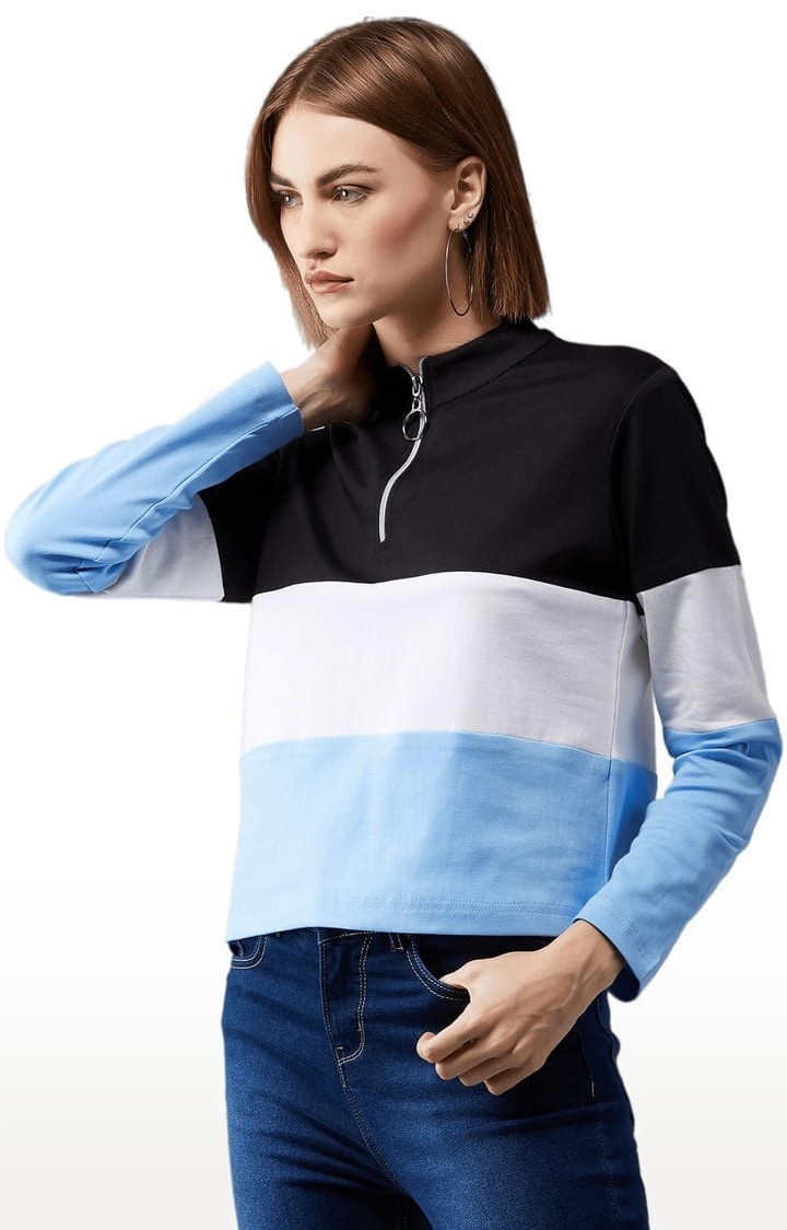 Women's Multicolor-Base Blue Cotton Colourblock Sweatshirt