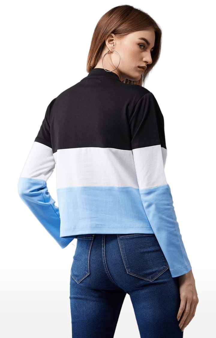 Women's Multicolor-Base Blue Cotton Colourblock Sweatshirt