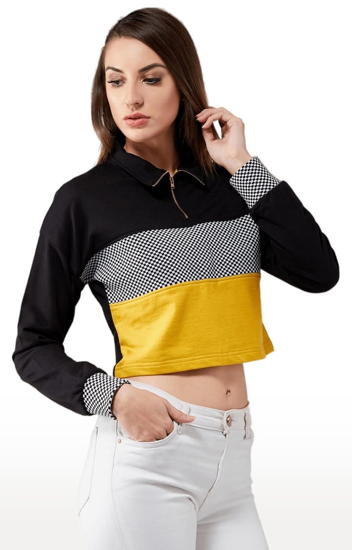 Women's Multicolor-Base Black Cotton Colourblock Sweatshirt