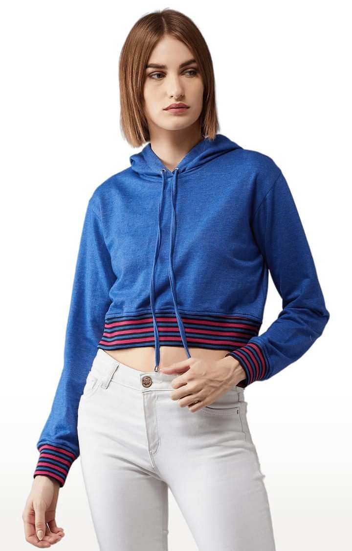 Women's Azure Blue Cotton Solid Sweatshirt