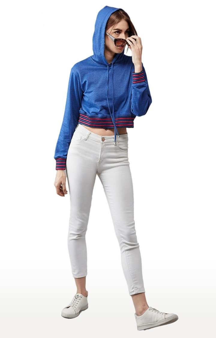 Women's Azure Blue Cotton Solid Sweatshirt
